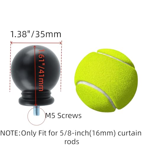 Ball Shape Curtain Rod Finials for 5/8 Inch Rods, M5 Screw, Black 2-Pack