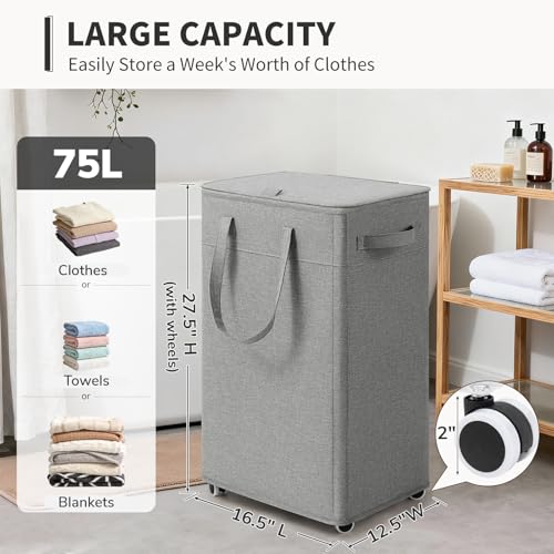 Goodpick 75L Rolling Laundry Hamper with Lid & Removable Bag, Grey