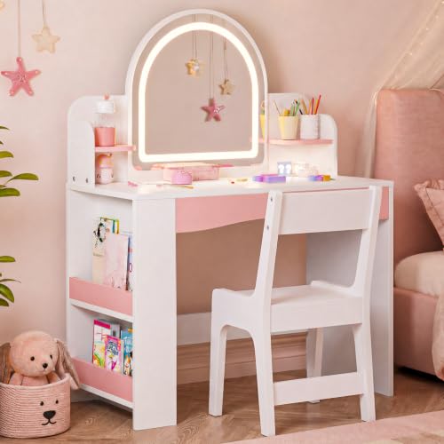 Kids Vanity Table and Chair Set with 3-Mode LED Lighted Mirror and Storage
