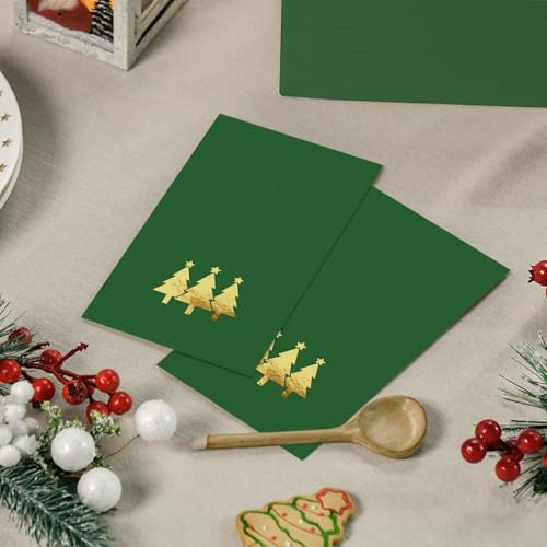 Horaldaily 100Pcs Christmas Napkins 4.3x7.9in Green Gold Foil Trees, 2-Ply