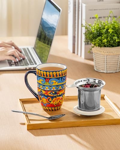 Vancasso Midnight Peacock 18 oz Tea Infuser Mug with Lid - Elegant Ceramic Coffee & Tea Cup