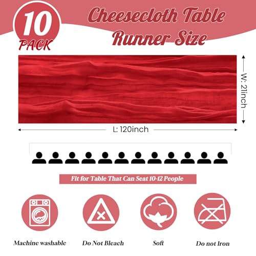 10Pack Red Cheesecloth Table Runner 10ft - Boho Rustic Sheer Decor
