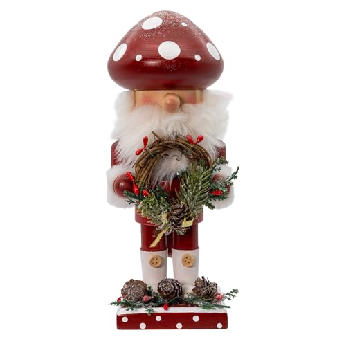 Wooden Santa Nutcracker with Mushroom Topper - 9-inch Holiday Decor