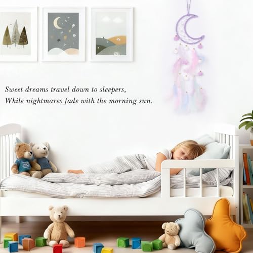 Purple Moon Dream Catcher for Kids Room Wall Decor with Feathers and Pompoms