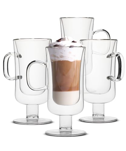 Brew To A Tea Double Walled Glass Irish Coffee Mug Set of 4 - 10 oz Insulated Hot Cold Cups