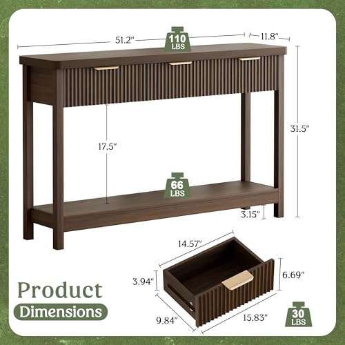51-Inch Fluted Console Table with 3 Drawers and Open Storage Shelf