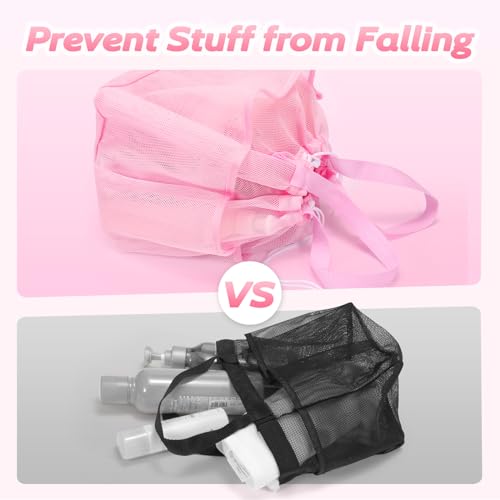 Mesh Shower Caddy Portable with Drawstring 8 Pockets Pink