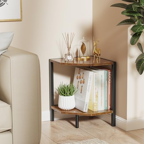 2-Tier Industrial Corner Shelf, Rustic Wood & Metal Standing Organizer