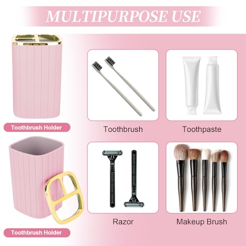 2-Piece Pink Bathroom Accessory Set with Soap Dispenser & Toothbrush Holder
