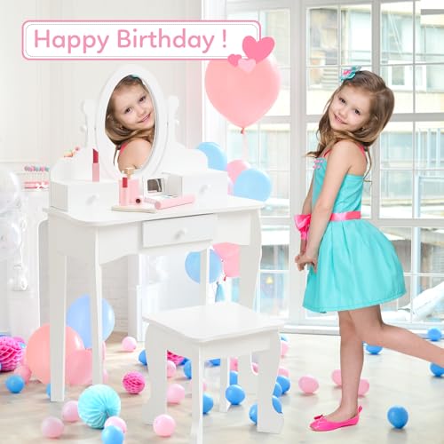 Kids' Vanity Set with Mirror and Stool - Wooden Makeup Table for Girls