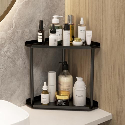 2 Tier Bathroom Counter Organizer & Corner Vanity Shelf in Black