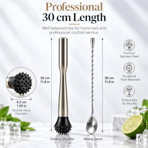 LEGERM 12-Inch Stainless Steel Cocktail Muddler & Bar Spoon Set for Mojitos, Lime & Fruit Drinks