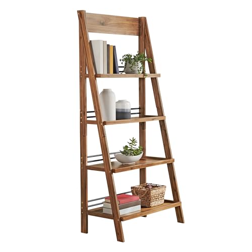 4-Tier Ladder Bookshelf, Rustic Wood Standing Bookcase with X-Back Frame
