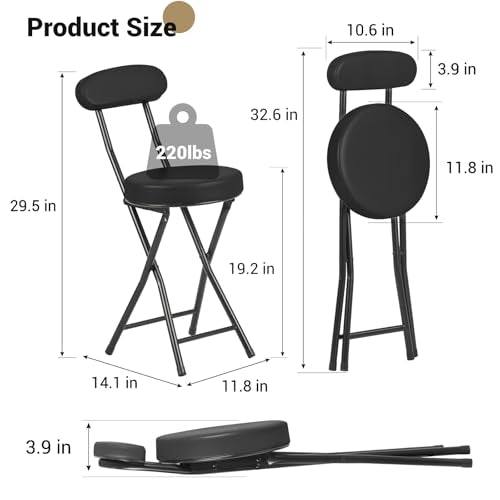Padded Folding Stool with Backrest, 19-Inch Portable Collapsible Chair, 2 Pack