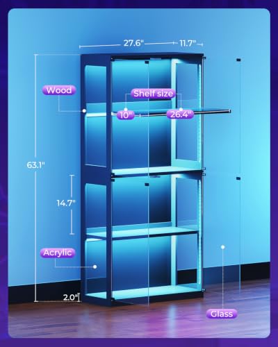 AODK 62 Inch RGB Lighted Glass Display Cabinet, 4-Tier Curio Cabinet