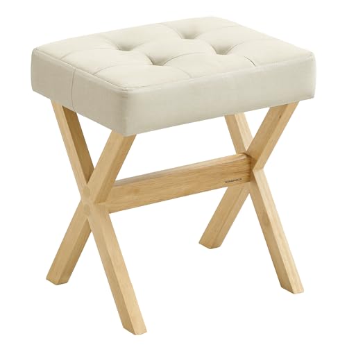 Padded Vanity Stool with X-Shaped Wood Legs, Linen-Look Fabric Makeup Chair