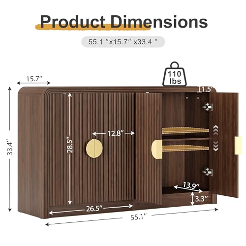 55" Fluted Buffet Sideboard Cabinet with Adjustable Shelves, Walnut