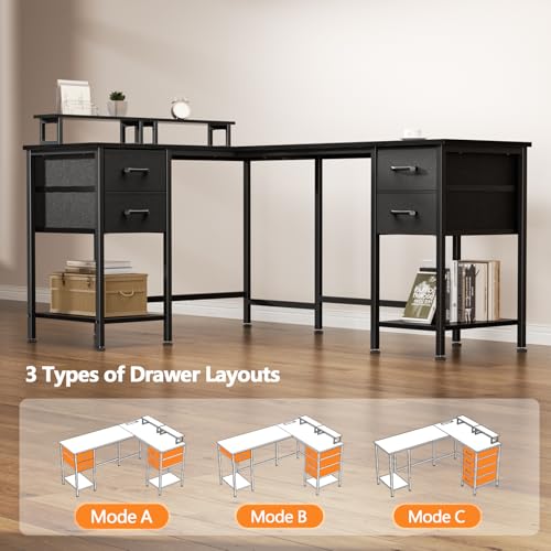 59-Inch L-Shaped Computer Desk with Power Outlets, Storage Drawers & Stands