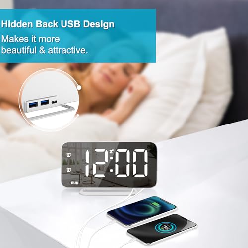 Slim LED Digital Alarm Clock with Mirror Surface & Dual USB Ports