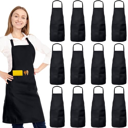 12-Pack Bib Aprons with 2 Pockets - Unisex Kitchen Chef Aprons, Black