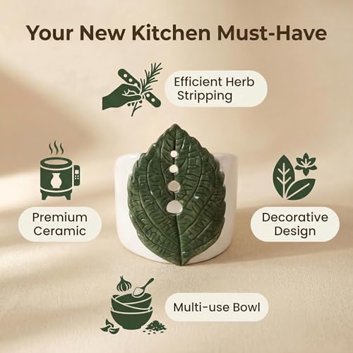 Ceramic Leaf Herb Stripper Bowl - Decorative Pottery Kitchen Tool