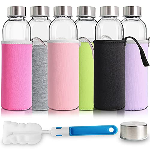 18 oz Glass Juice Bottles with Lids and Sleeves, 6 Pack