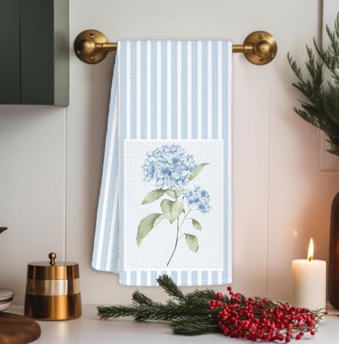 Summer-Striped Hydrangea Kitchen Towels 16x24” — Blue Stripe Hand & Dish Towel Set