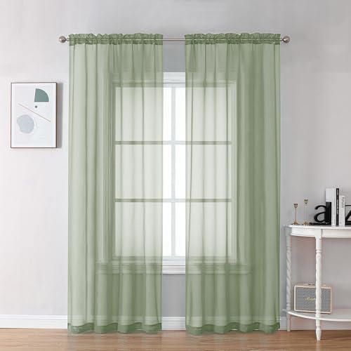 Sage Green Sheer Voile Window Curtains - 2 Panel Set, 42 x 84 Inches