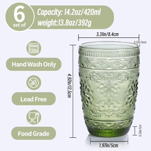 Green 14oz Drinking Glasses Set - Vintage Embossed Glassware, 6-Pack