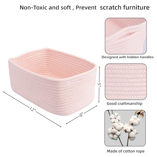 Small Woven Storage Baskets for Shelves, Pink Cotton Rope Bins 3-Pack