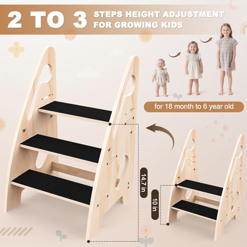 Adjustable Wooden Toddler Step Stool with Handles and Non-Slip Pads