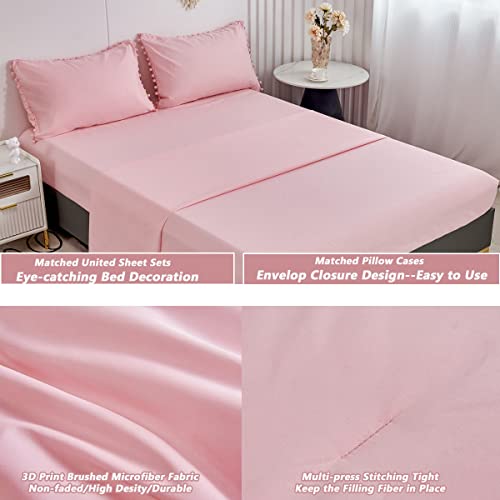PERFEMET 5-Piece Pink Pom Pom Twin Comforter Set with Sheets & Pillowcases