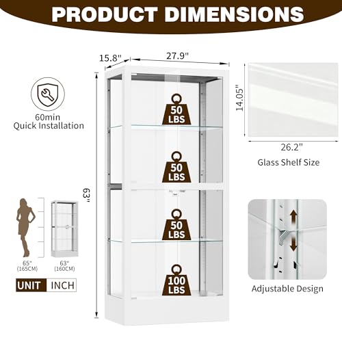 4-Sided Glass Display Cabinet with LED Lighting and Lock, 28-Inch Wide