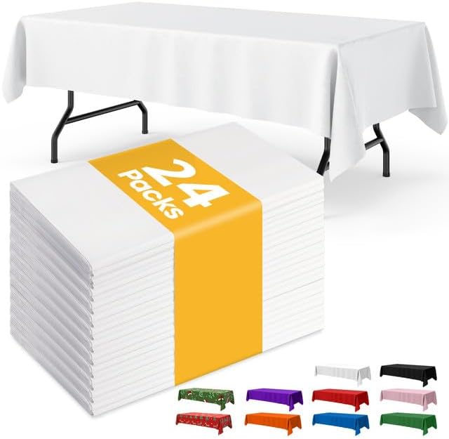 Niuara White Plastic Tablecloths - 54" x 108" Disposable Waterproof Covers for 6FT Tables | 24 Pack