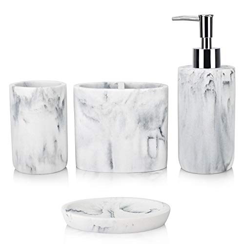 4-Piece Marble Bathroom Accessory Set - Soap Dispenser, Tumbler & Holder
