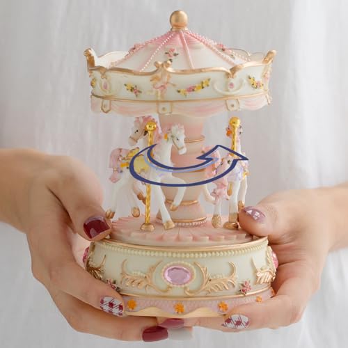 Rotating Carousel Music Box with Color Lights and Horses, Gift Wrapped