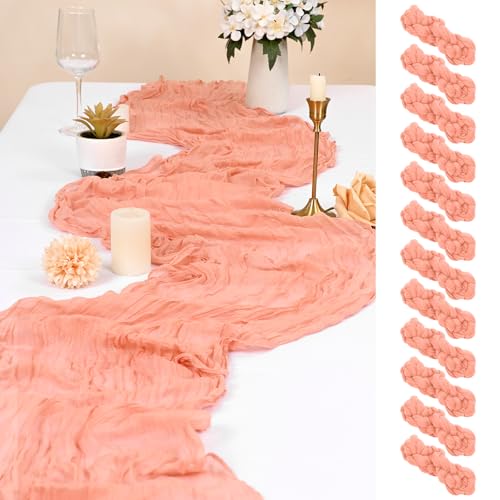 FXKS 12-Pack Coral Cheesecloth Table Runner 20x120 Inch - Elegant Wedding & Event Decor