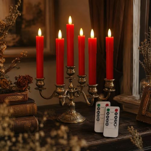 Pierty Red Tall Flameless Flickering LED Taper Candles with Remote Timer - 6.7 Inch Set