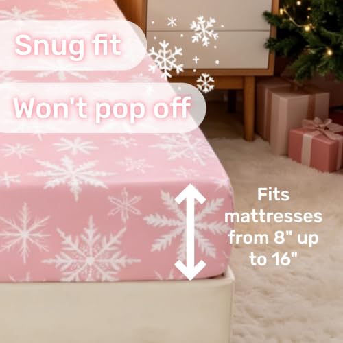 Christmas Queen Bed Sheets Set - Pink Snowflake Pattern, Erosebridal
