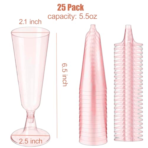 25 Pack Disposable Pink Champagne Flutes 5 Oz Plastic Wine Glasses