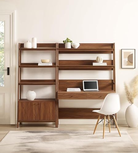 2-Piece Mid-Century Modern Home Office Desk and Bookshelf Set in Walnut