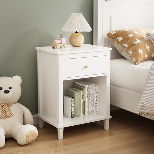 Extrasleep Kids Nightstand with Storage Drawer - White, 27"H Toddler Bedside Table for Boys & Girls, Modern End Table with Shelf