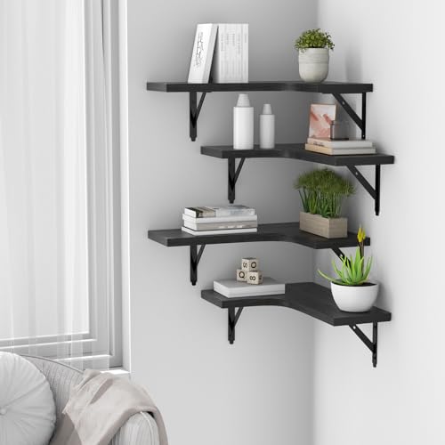 Rustic Wood Corner Floating Shelves - Wall Mounted Display Set of 4 (Black)