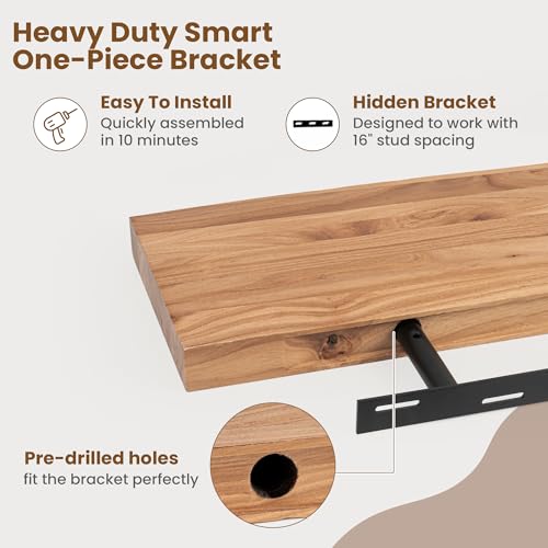 Rustic Live Edge Floating Shelves - Solid Elm Wood Wall Shelves (24 Inch, Set of 2)