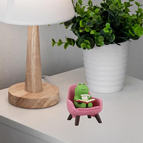Miniature Frog Reading on Pink Sofa Resin Figurine Desk Decor