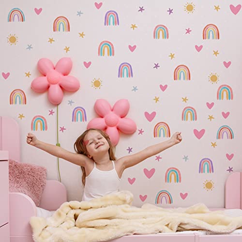 Rainbow Wall Decals for Kids Room - Removable Vinyl Stickers with Hearts Stars