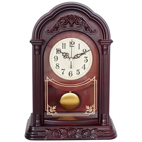 Retro Mantel Clock with Swinging Pendulum, 13-Inch Silent Shelf Clock