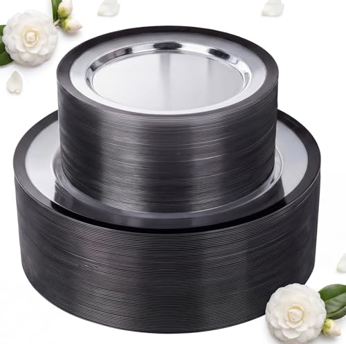 120PCS Clear & Black Rim Disposable Plastic Plates Set - Heavy Duty, Elegant Design for Events