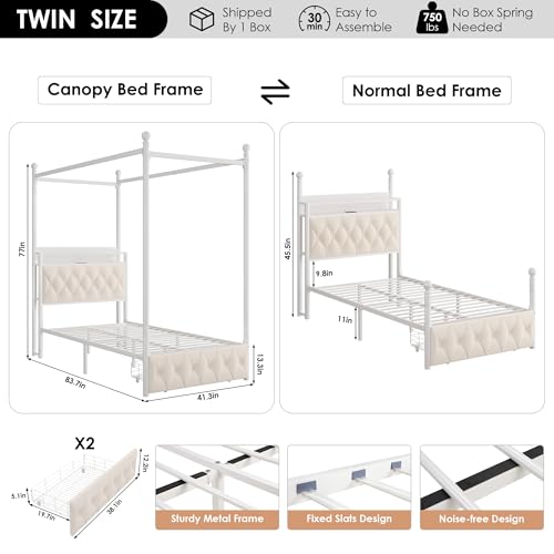 Twin Canopy Bed Frame with LED Lights, Storage Headboard & Charging Station