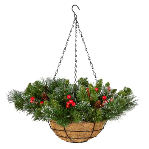 Pre-Lit Crestwood Spruce Hanging Basket - 20in with Lights, Berries & Cones - Green / 16 Inch